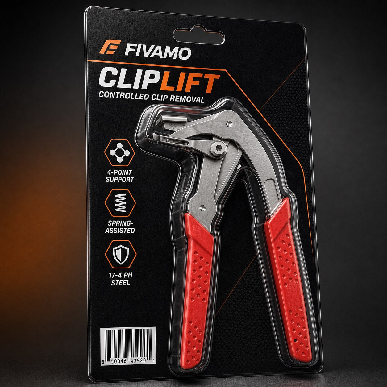 FIVAMO ClipLift trim fastener pliers in black-and-orange retail blister packaging