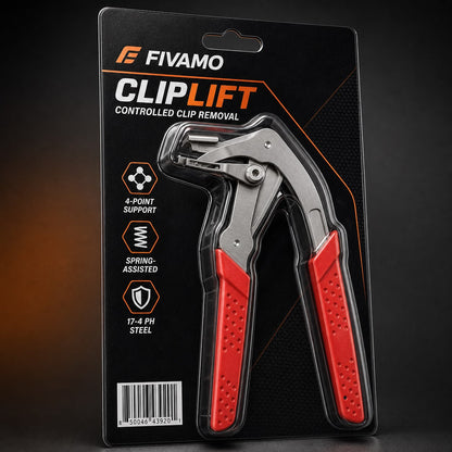 FIVAMO ClipLift trim fastener pliers in black-and-orange retail blister packaging