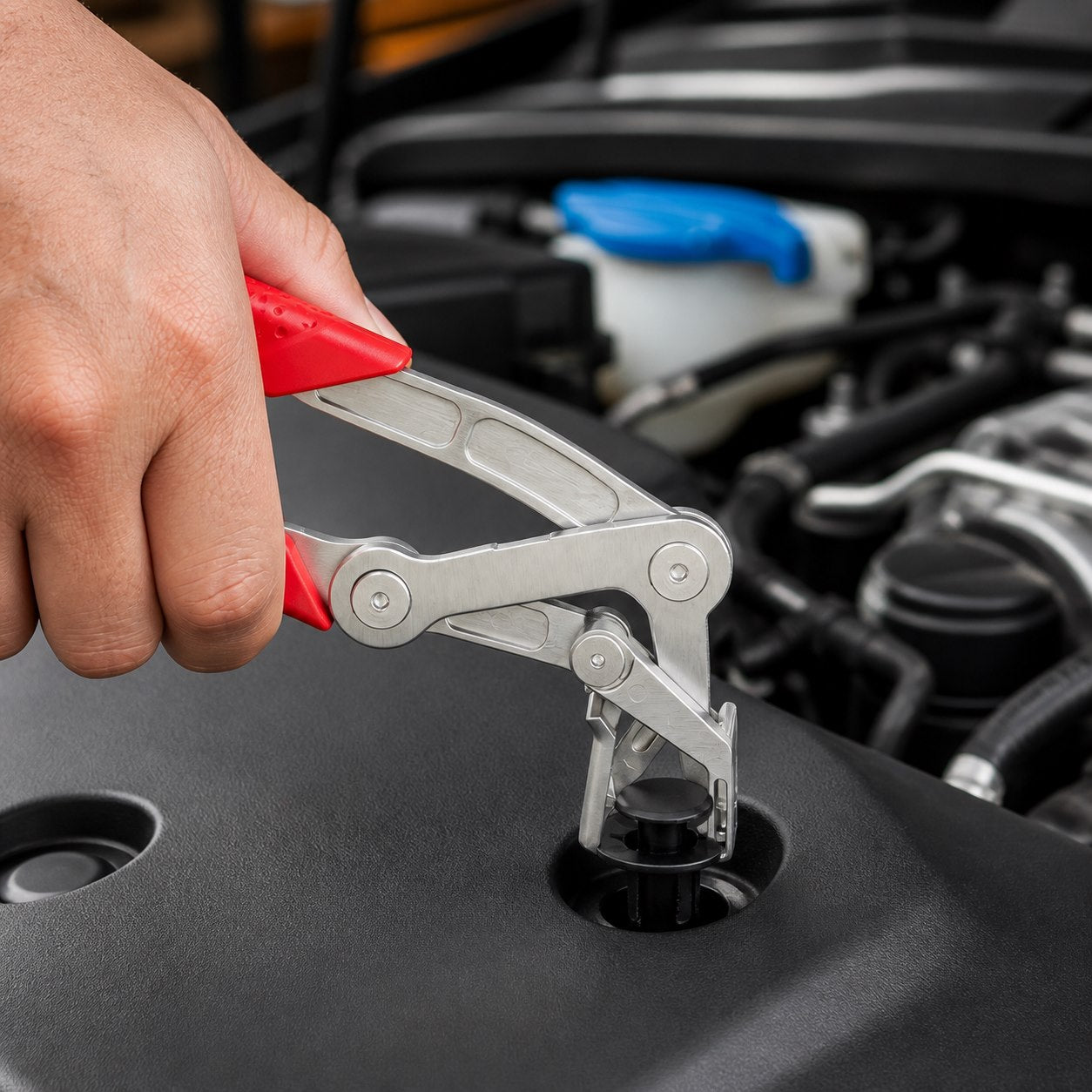 ClipLift pliers lifting a plastic push fastener from an engine-bay trim panel