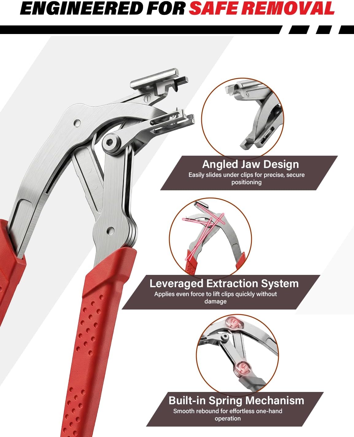 Close view of the ClipLift shaped jaw, linkage, pivots, and return spring