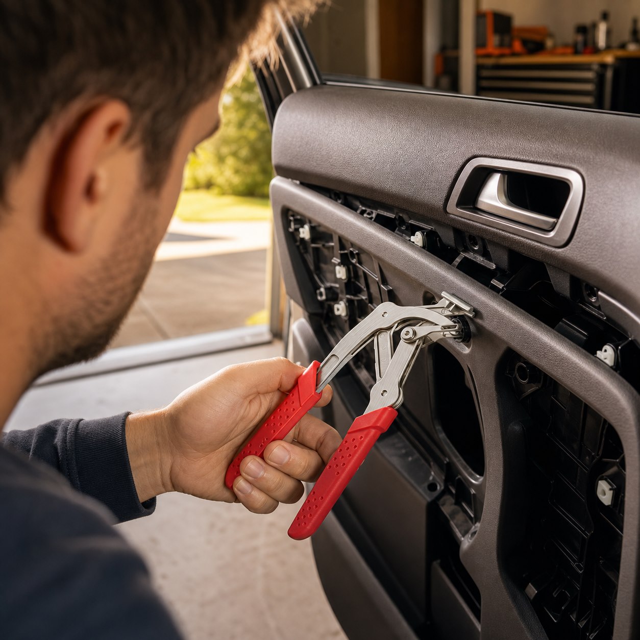 DIY car owner using ClipLift pliers on an accessible door-panel fastener