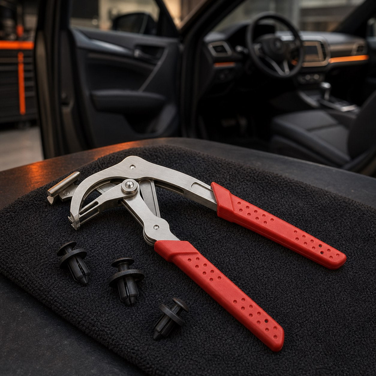 ClipLift pliers beside intact automotive push clips on a workshop microfiber mat
