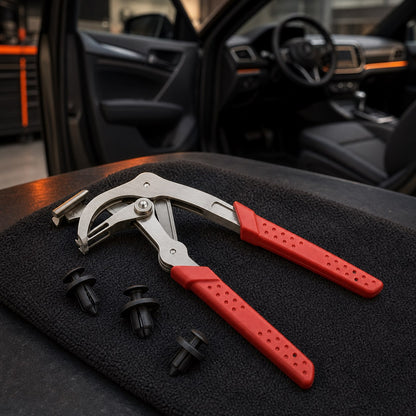 ClipLift pliers beside intact automotive push clips on a workshop microfiber mat