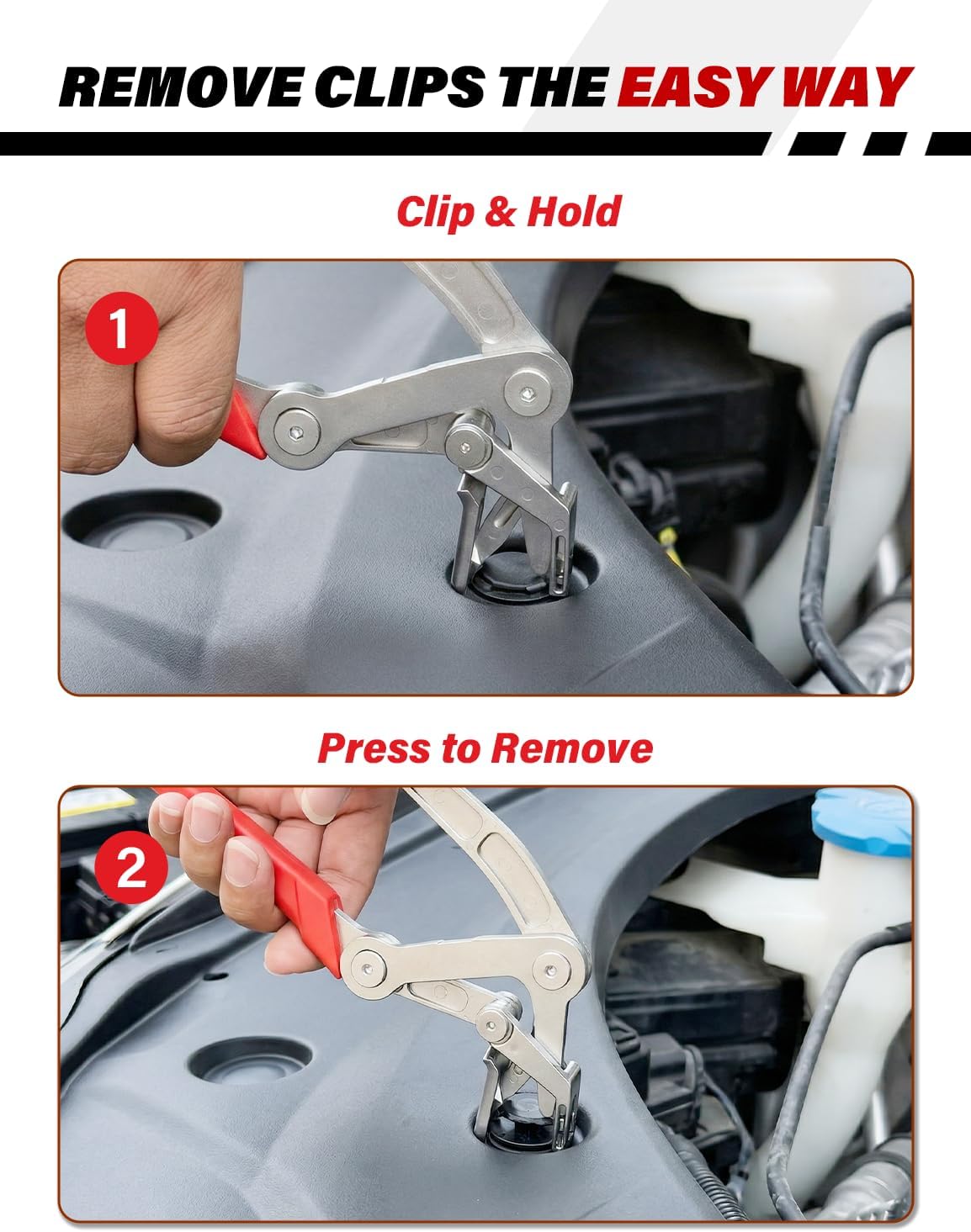 Two-step demonstration showing ClipLift pliers positioned and squeezed around a plastic trim clip
