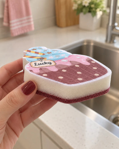 A hand holds the blue-and-brown cupcake sponge sideways, showing its cream foam middle and burgundy textured backing.