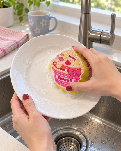 Hands wash a white ceramic plate with the pink-and-yellow cupcake kitchen sponge and modest soap suds.