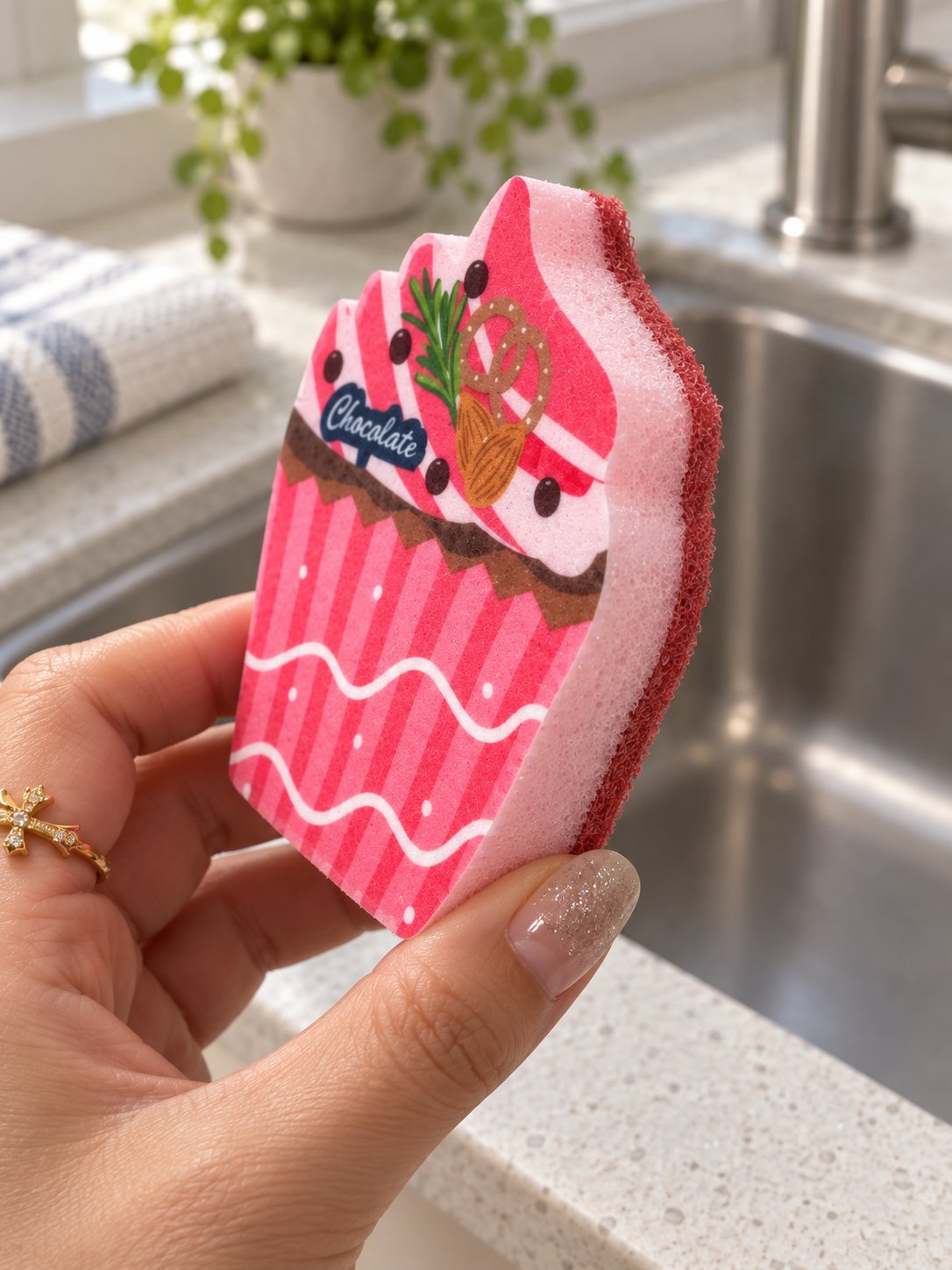 Pink cupcake kitchen sponge held at an angle to show its flat printed face, porous foam middle and separate textured backing.