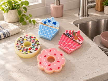 The four Foamberry kitchen sponges—pink heart donut, chocolate drizzle donut, pink cupcake and blue cupcake—on a quartz counter beside a stainless steel sink.
