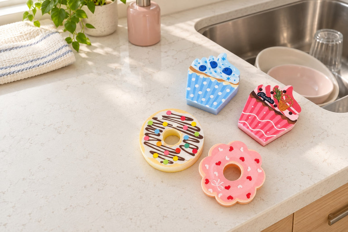 Four dessert-shaped kitchen sponges beside a stainless-steel sink