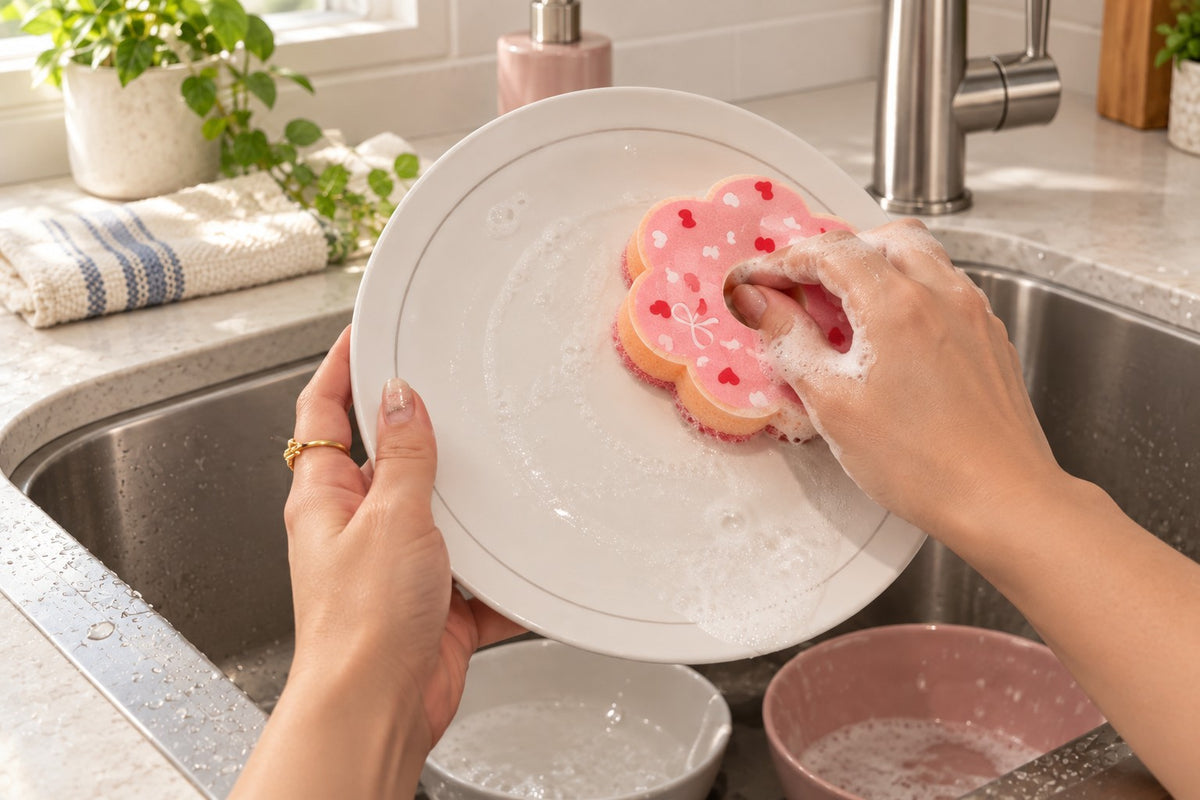 Adult hands washing a white plate with the pink heart donut sponge at a stainless-steel kitchen sink.