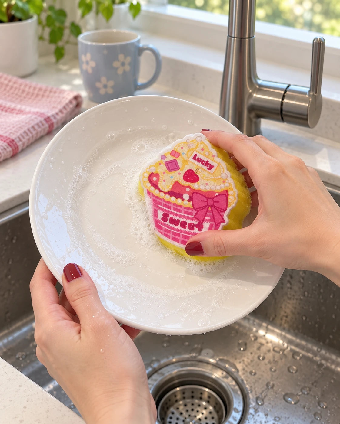 Hände verwenden den rosa-gelben Cupcake-Schwamm, um einen weißen Keramikteller zu spülen.