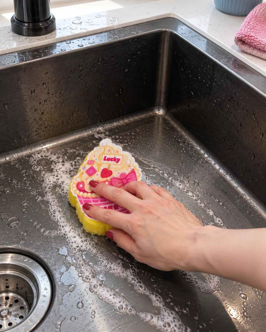 Eine Hand wischt mit dem rosa-gelben Cupcake-Schwamm ein dunkles Spülbecken in der Küche aus.