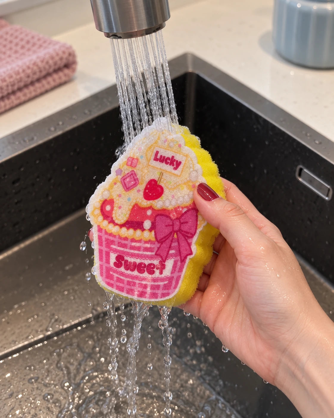 Der rosa-gelbe Cupcake-Schwamm wird unter einem Küchenwasserhahn abgespült.