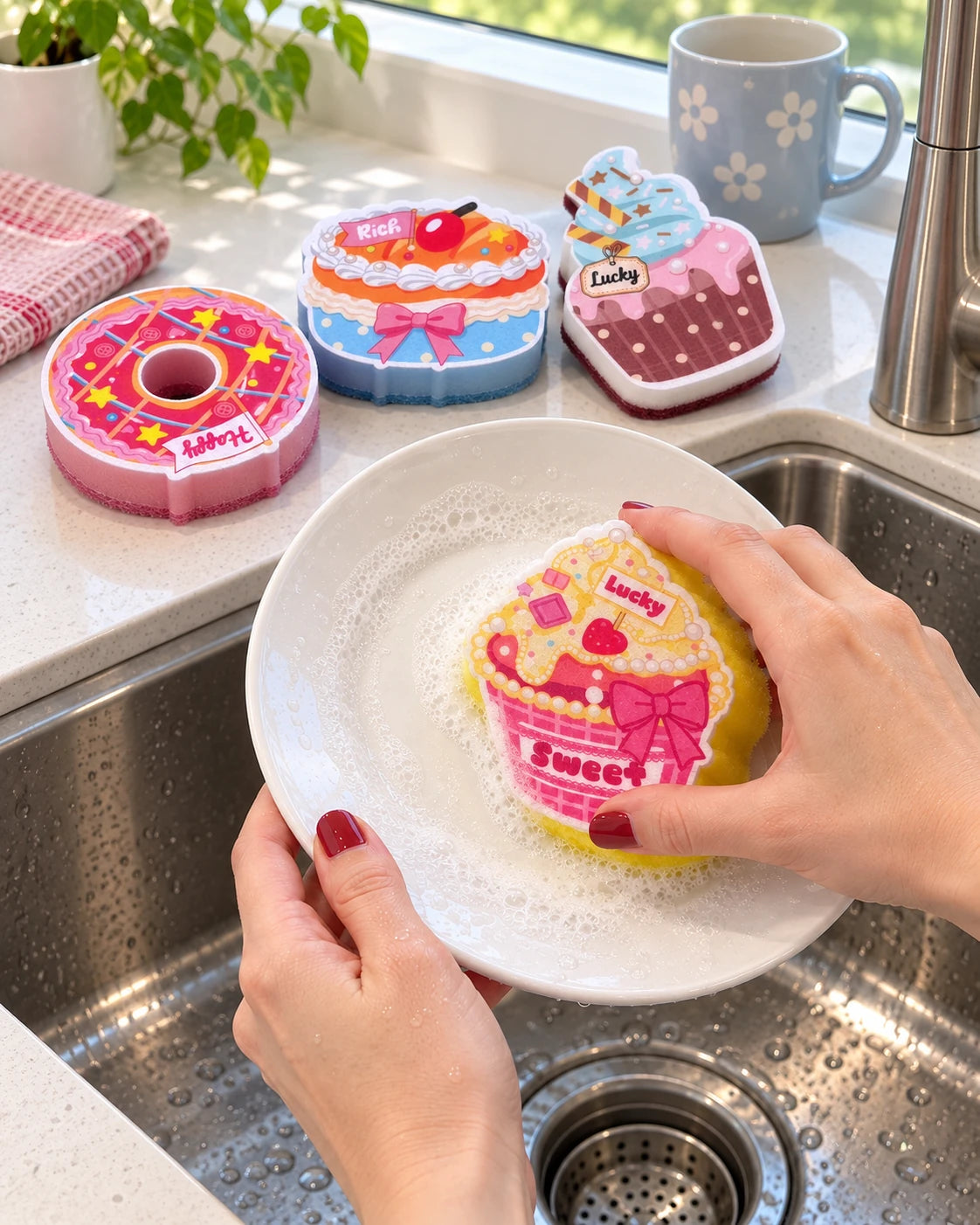 Ein Cupcake-Schwamm wäscht im Vordergrund einen Teller, daneben liegen drei weitere Schwämme neben dem Spülbecken.