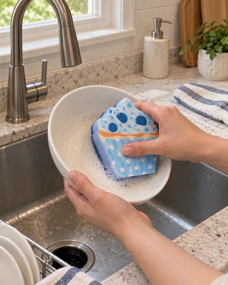 Blue cupcake sponge washing a white bowl at the kitchen sink