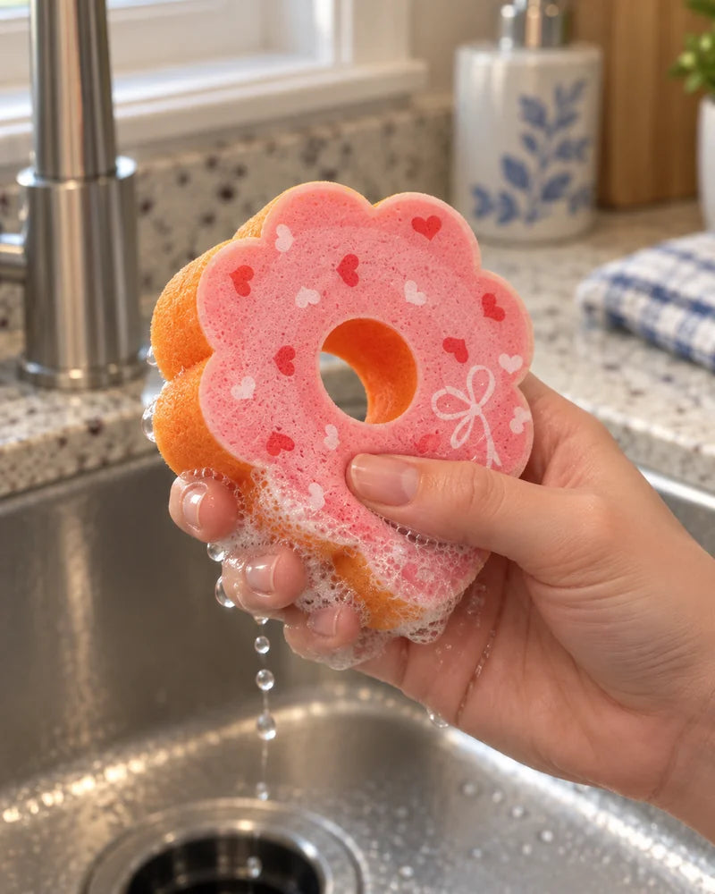 Hand compressing the pink donut sponge with soap lather