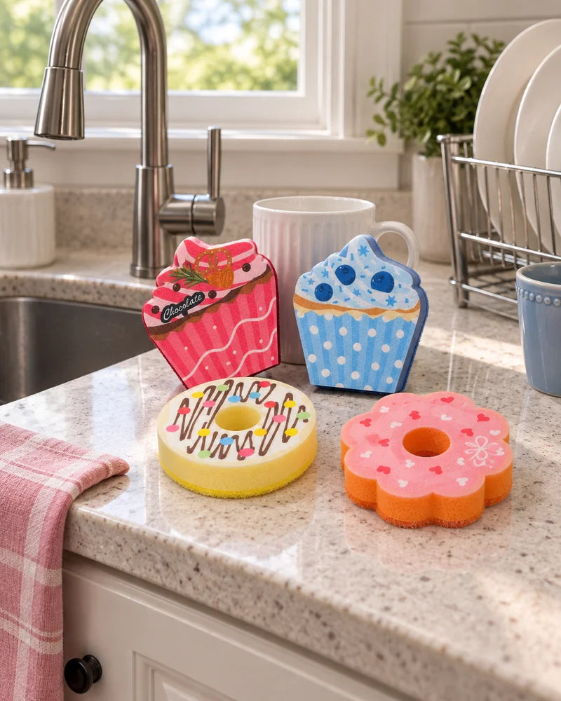 All four original Foamberry sponges displayed beside the sink