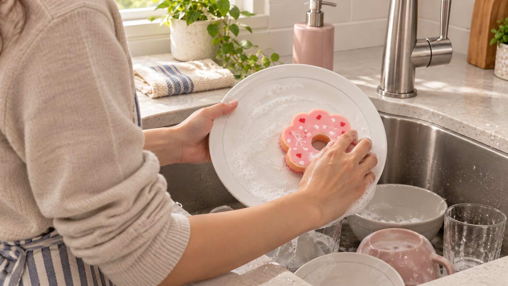 Dospělý člověk myje bílý talíř růžovou kuchyňskou houbičkou ve tvaru srdce a donutu u nerezového dřezu.